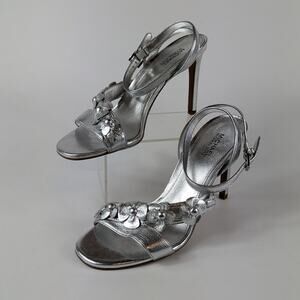 Michael Kors Womens 5M Heels Tricia Silver Ankle Strap Stiletto Sandals Leather